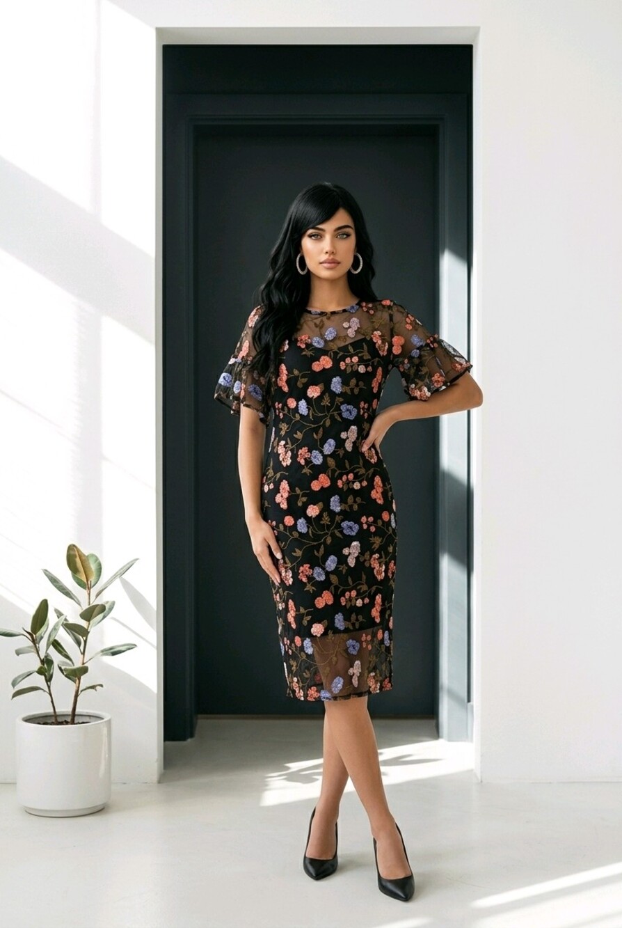 Black Mesh Floral Embroidered Midi Dress Sheer Flutter Sleeves Knee Length